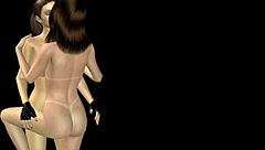 An animated cartoon 3d video of two cute girls having lesbian fun with kisses and positions