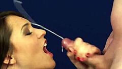 Slutty stunner gets cumshot on face swallowing jism