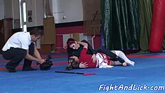 cheerleading babe wrestles in spandex pussylicking match