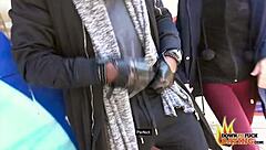 Nerdy slut Lullu Gun in interracial outdoors threesome blowjob