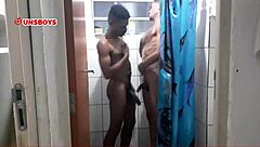 Well-endowed friends cumming hard in the shower bathroom.