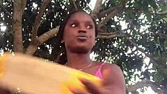 Crazy bitch boldly unboxes packaged outfit in front of strangers.