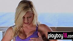 Busty Blonde Kari Strips on Beach in Heels!