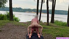 naked blonde rides hard outdoors, but gets cum on tits