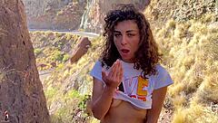 Girlfriend gives blowjob in canyon, squirts publicly with gaping pussy