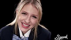 Blonde girl swallows cum at wild blowbang party