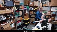 shoplifter teen 18+ striptease punished by big cock in backroom office orgasm