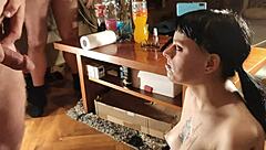 She gives a quick cumshot in this blowbang with big cocks