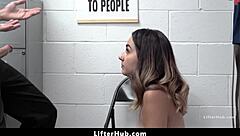 Shoplifter teen 18+ begs security officer for intense punishment in garage domination scene