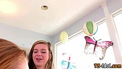 Shemale in Lingerie Gives Blowjob, Masturbates, and Rails Female's Pussy to Facial