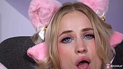 Blonde Cosplay Nikki Hill Intrigues with Wet Pussy Toy Play in Shaved Costume