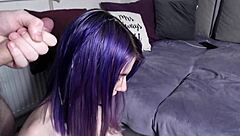 Cum Dripping from Purple Hair in Blowbang