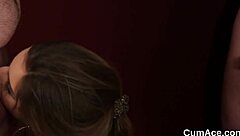 kinky doll endures pov bukkake facial gulping cum in extreme blowbang handjob frenzy